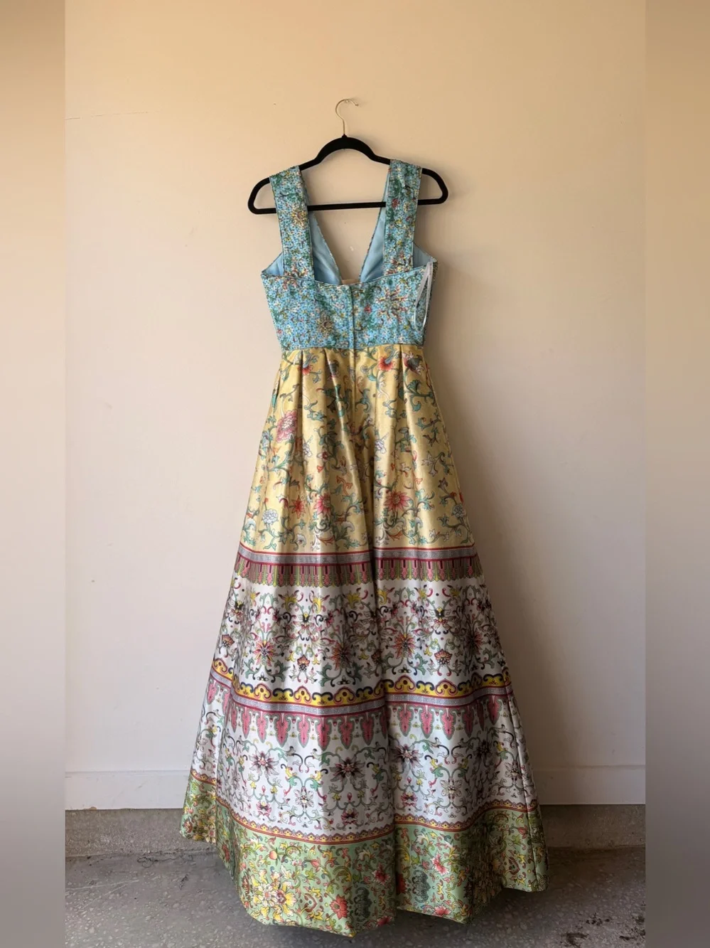 Sherri Hill Blue and Yellow Floral V-Neck Prom Gown - Picture 4 of 8